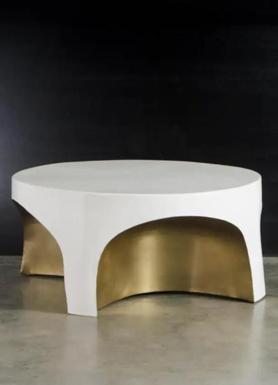 Robert Kuo Contemporary Brass Rimmed Curved Table w Cream Lacquer by Robert Kuo