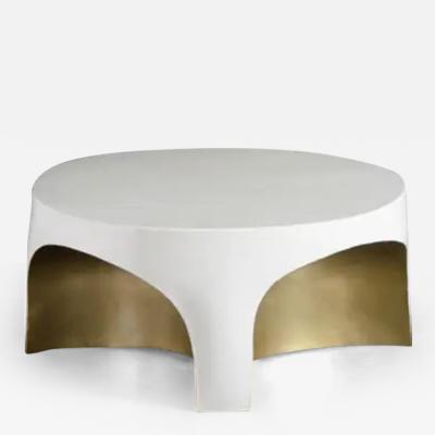 Robert Kuo Contemporary Brass Rimmed Curved Table w Cream Lacquer by Robert Kuo