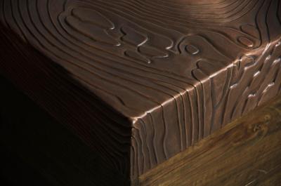 Robert Kuo Contemporary Camphorwood Trunk w Repouss Antiqued Copper Woodgrain Design Lid