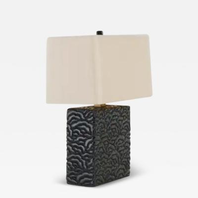 Robert Kuo Contemporary Carved Hua Design Table Lamp in Black Lacquer by Robert Kuo