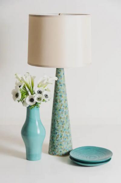 Robert Kuo Contemporary Cloisonn Conical Table Lamp in Azure Design by Robert Kuo