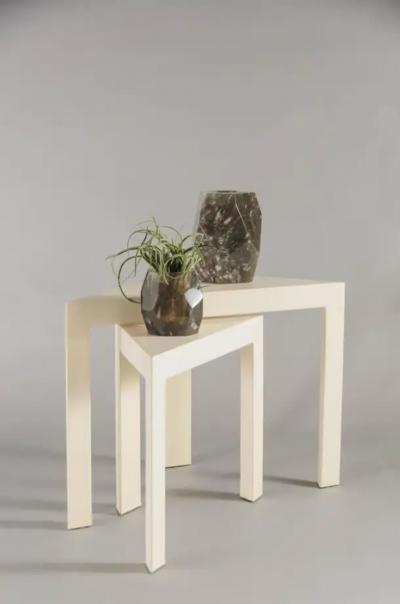 Robert Kuo Contemporary Cream Lacquer Corner Nesting Side Table by Robert Kuo