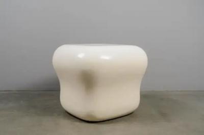 Robert Kuo Contemporary Cream Lacquer Cushion Drumstool by Robert Kuo Limited Edition
