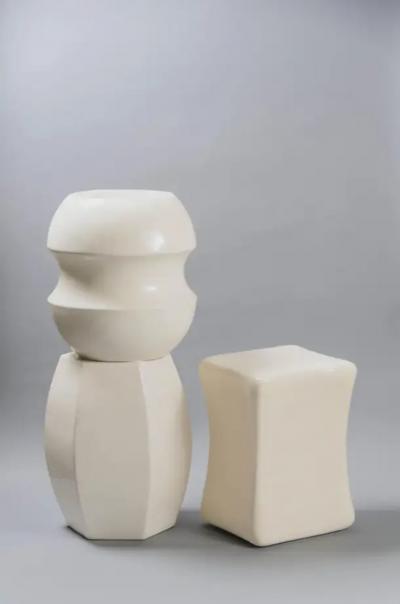 Robert Kuo Contemporary Cream Lacquer Hexagonal Drumstool by Robert Kuo Limited Edition
