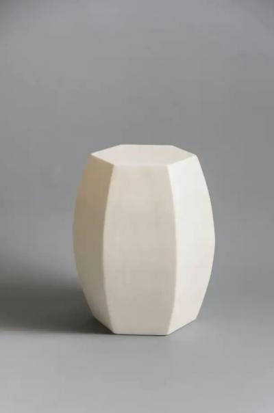 Robert Kuo Contemporary Cream Lacquer Hexagonal Drumstool by Robert Kuo Limited Edition