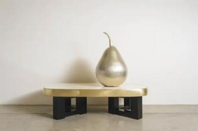 Robert Kuo Contemporary Cream Lacquer Oblong Cocktail Table with Brass Trim by Robert Kuo