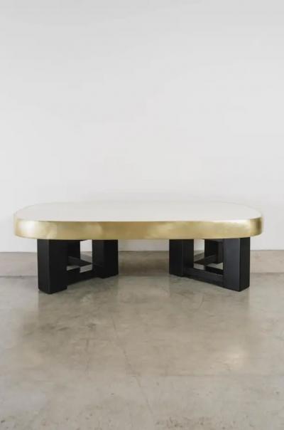 Robert Kuo Contemporary Cream Lacquer Oblong Cocktail Table with Brass Trim by Robert Kuo