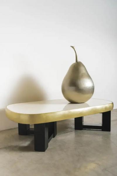 Robert Kuo Contemporary Cream Lacquer Oblong Cocktail Table with Brass Trim by Robert Kuo