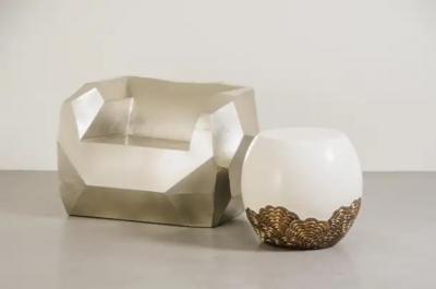 Robert Kuo Contemporary Drumstool w Brass Hua Design in Cream Lacquer by Robert Kuo