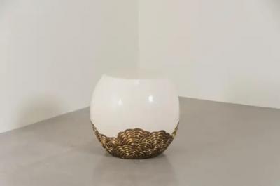 Robert Kuo Contemporary Drumstool w Brass Hua Design in Cream Lacquer by Robert Kuo