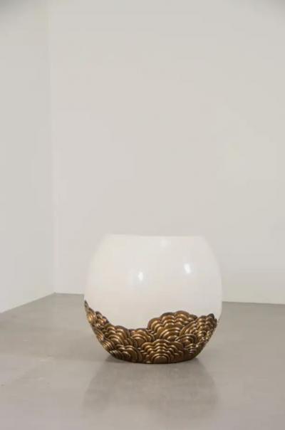 Robert Kuo Contemporary Drumstool w Brass Hua Design in Cream Lacquer by Robert Kuo