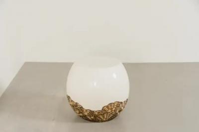 Robert Kuo Contemporary Drumstool w Brass Hua Design in Cream Lacquer by Robert Kuo