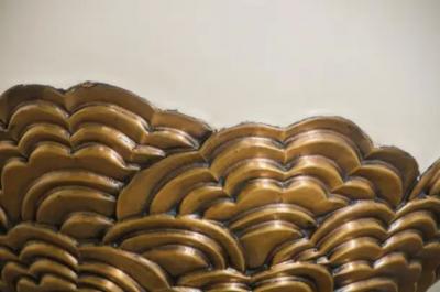 Robert Kuo Contemporary Drumstool w Brass Hua Design in Cream Lacquer by Robert Kuo