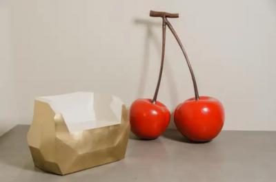 Robert Kuo Contemporary Facet Lounge Chair in Brass and Cream Lacquer by Robert Kuo