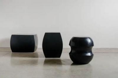 Robert Kuo Contemporary Fang Drumstool in Black Lacquer by Robert Kuo Limited Edition