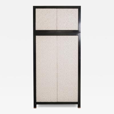 Robert Kuo Contemporary Hand Carved Cream Lacquer Cloud Design Chest on Chest by Robert Kuo