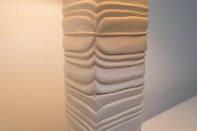 Robert Kuo Contemporary Hand Carved Cream Lacquer Feather Table Lamp by Robert Kuo