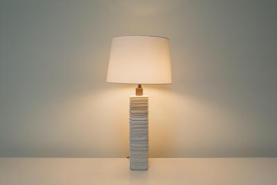 Robert Kuo Contemporary Hand Carved Cream Lacquer Feather Table Lamp by Robert Kuo