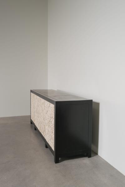 Robert Kuo Contemporary Hand Carved Cream Lacquer Floral Design Buffet by Robert Kuo