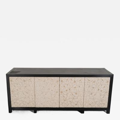 Robert Kuo Contemporary Hand Carved Cream Lacquer Floral Design Buffet by Robert Kuo
