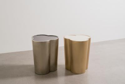 Robert Kuo Contemporary Hand Repouss Brass Lobed Drumstool w Lacquer Top by Robert Kuo