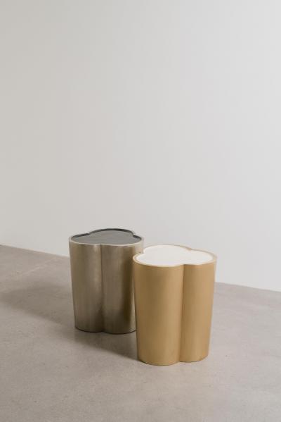 Robert Kuo Contemporary Hand Repouss Brass Lobed Drumstool w Lacquer Top by Robert Kuo