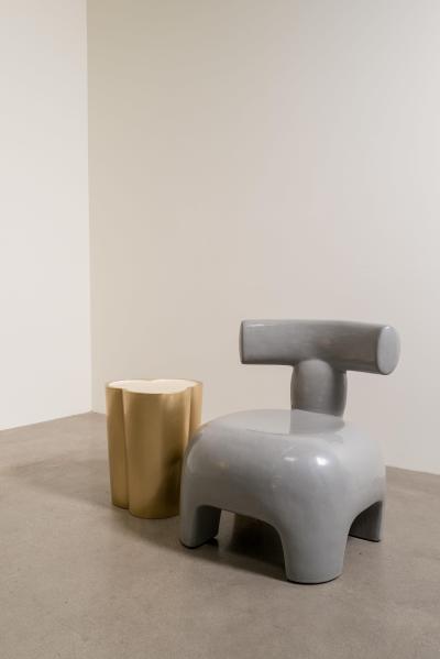 Robert Kuo Contemporary Hand Repouss Brass Lobed Drumstool w Lacquer Top by Robert Kuo
