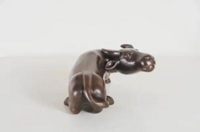 Robert Kuo Contemporary Hand Repouss Water Ox Sculpture in Antique Copper by Robert Kuo
