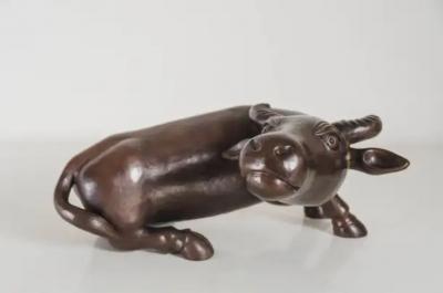 Robert Kuo Contemporary Hand Repouss Water Ox Sculpture in Antique Copper by Robert Kuo