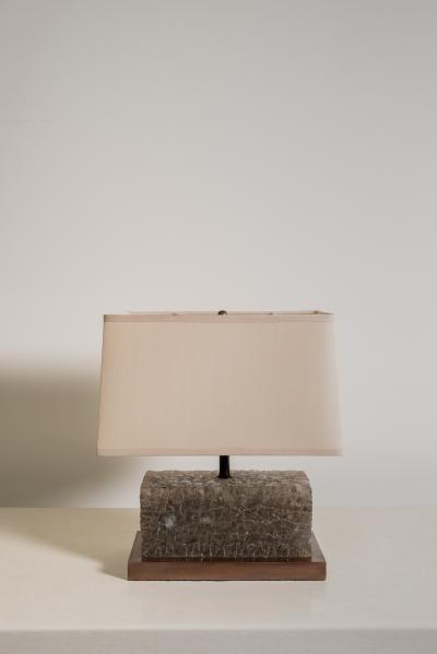 Robert Kuo Contemporary Ice Rectangular Table Lamp in Smoke Crystal w Copper by Robert Kuo
