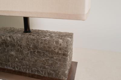 Robert Kuo Contemporary Ice Rectangular Table Lamp in Smoke Crystal w Copper by Robert Kuo