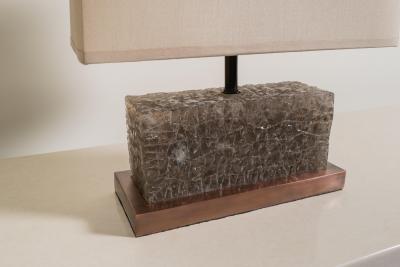 Robert Kuo Contemporary Ice Rectangular Table Lamp in Smoke Crystal w Copper by Robert Kuo