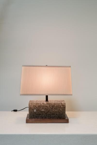 Robert Kuo Contemporary Ice Rectangular Table Lamp in Smoke Crystal w Copper by Robert Kuo