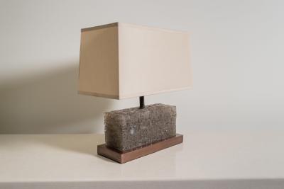 Robert Kuo Contemporary Ice Rectangular Table Lamp in Smoke Crystal w Copper by Robert Kuo