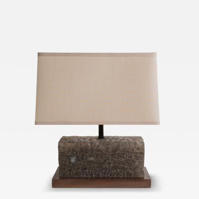Robert Kuo Contemporary Ice Rectangular Table Lamp in Smoke Crystal w Copper by Robert Kuo