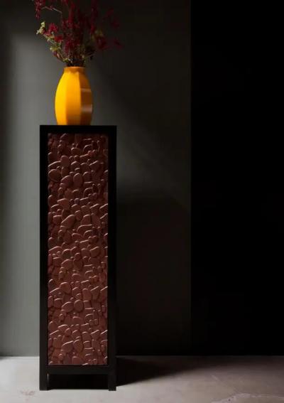 Robert Kuo Contemporary Isola Design Copper Repousse Door Narrow Cabinet by Robert Kuo