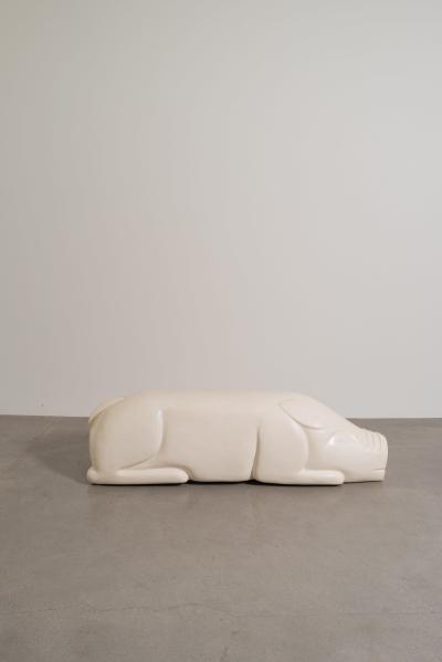 Robert Kuo Contemporary Lacquered Repouss Pig Seat in Cream Lacquer by Robert Kuo