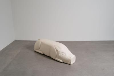 Robert Kuo Contemporary Lacquered Repouss Pig Seat in Cream Lacquer by Robert Kuo