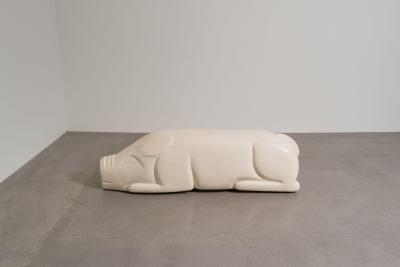 Robert Kuo Contemporary Lacquered Repouss Pig Seat in Cream Lacquer by Robert Kuo