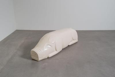 Robert Kuo Contemporary Lacquered Repouss Pig Seat in Cream Lacquer by Robert Kuo