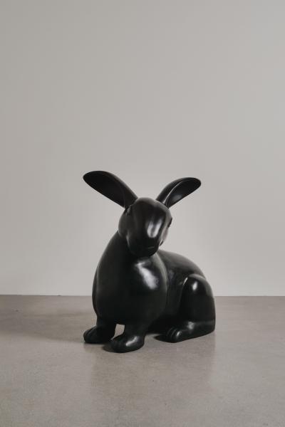Robert Kuo Contemporary Large Rabbit Sculpture in Black Lacquer by Robert Kuo Limited