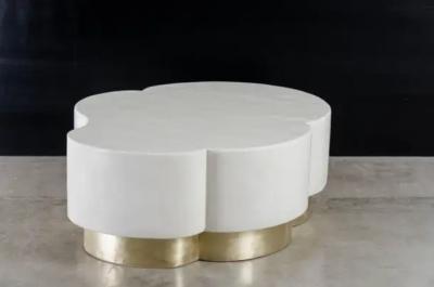 Robert Kuo Contemporary Leaf Design Cocktail Table in Cream Lacquer w Brass by Robert Kuo