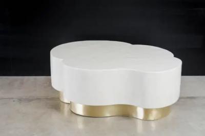 Robert Kuo Contemporary Leaf Design Cocktail Table in Cream Lacquer w Brass by Robert Kuo