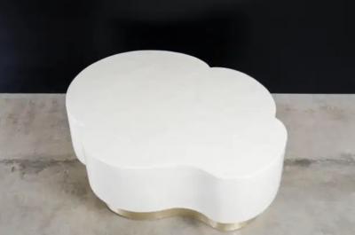 Robert Kuo Contemporary Leaf Design Cocktail Table in Cream Lacquer w Brass by Robert Kuo