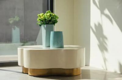 Robert Kuo Contemporary Leaf Design Cocktail Table in Cream Lacquer w Brass by Robert Kuo