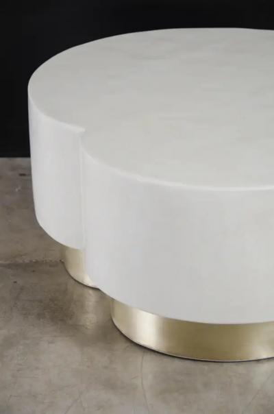 Robert Kuo Contemporary Leaf Design Cocktail Table in Cream Lacquer w Brass by Robert Kuo