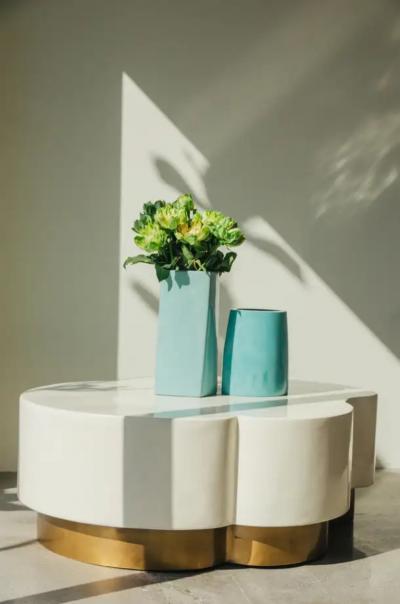 Robert Kuo Contemporary Leaf Design Cocktail Table in Cream Lacquer w Brass by Robert Kuo