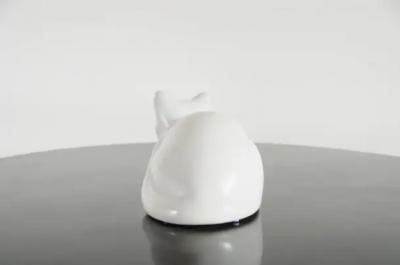 Robert Kuo Contemporary Lying Down Cat Sculpture in Cream Lacquer and Copper by Robert Kuo