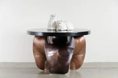 Robert Kuo Contemporary Lying Down Cat Sculpture in Cream Lacquer and Copper by Robert Kuo