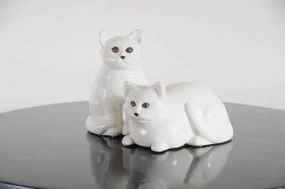Robert Kuo Contemporary Lying Down Cat Sculpture in Cream Lacquer and Copper by Robert Kuo